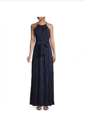 DKNY Embellished-Trim Pleated Halter Gown  belted gown dress navy size 6